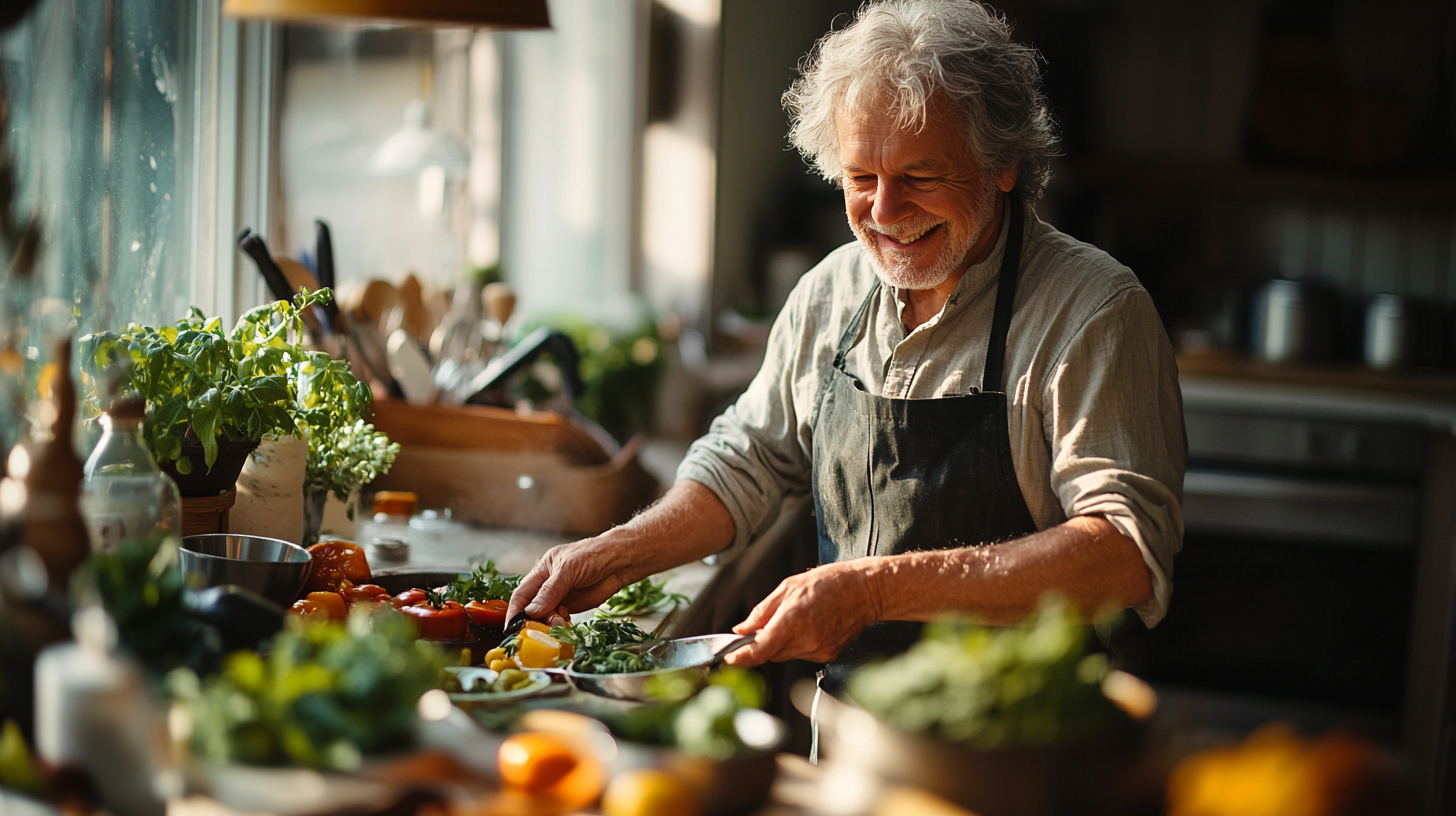 Щасливі люди старшого віку з продуктами